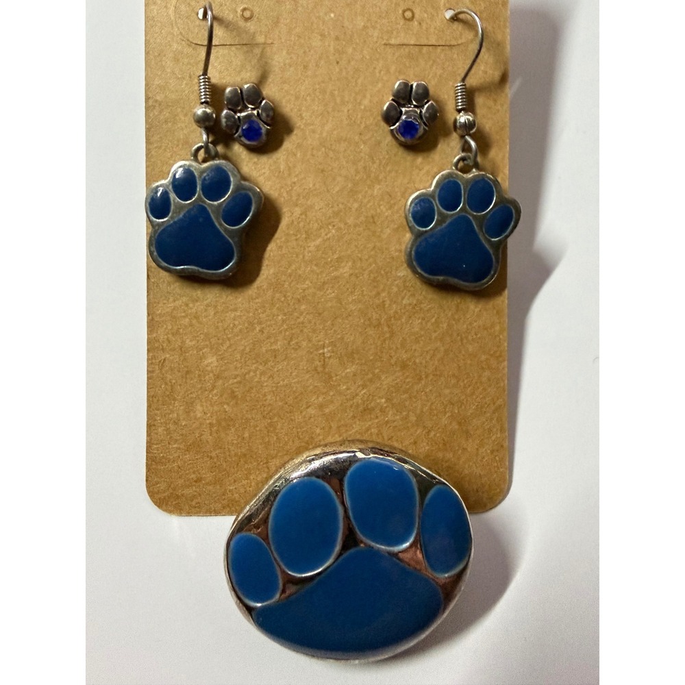Blue Enamel Paw Print Jewelry Set Earrings and Convertible Pin Pendant